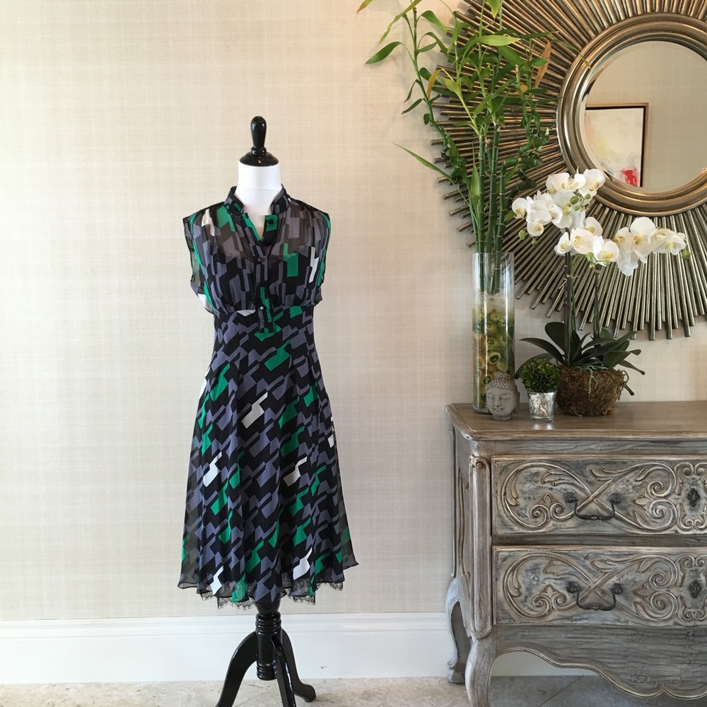 Diane Von Furstenberg Black, Green & Gray Geometric Midi Dress